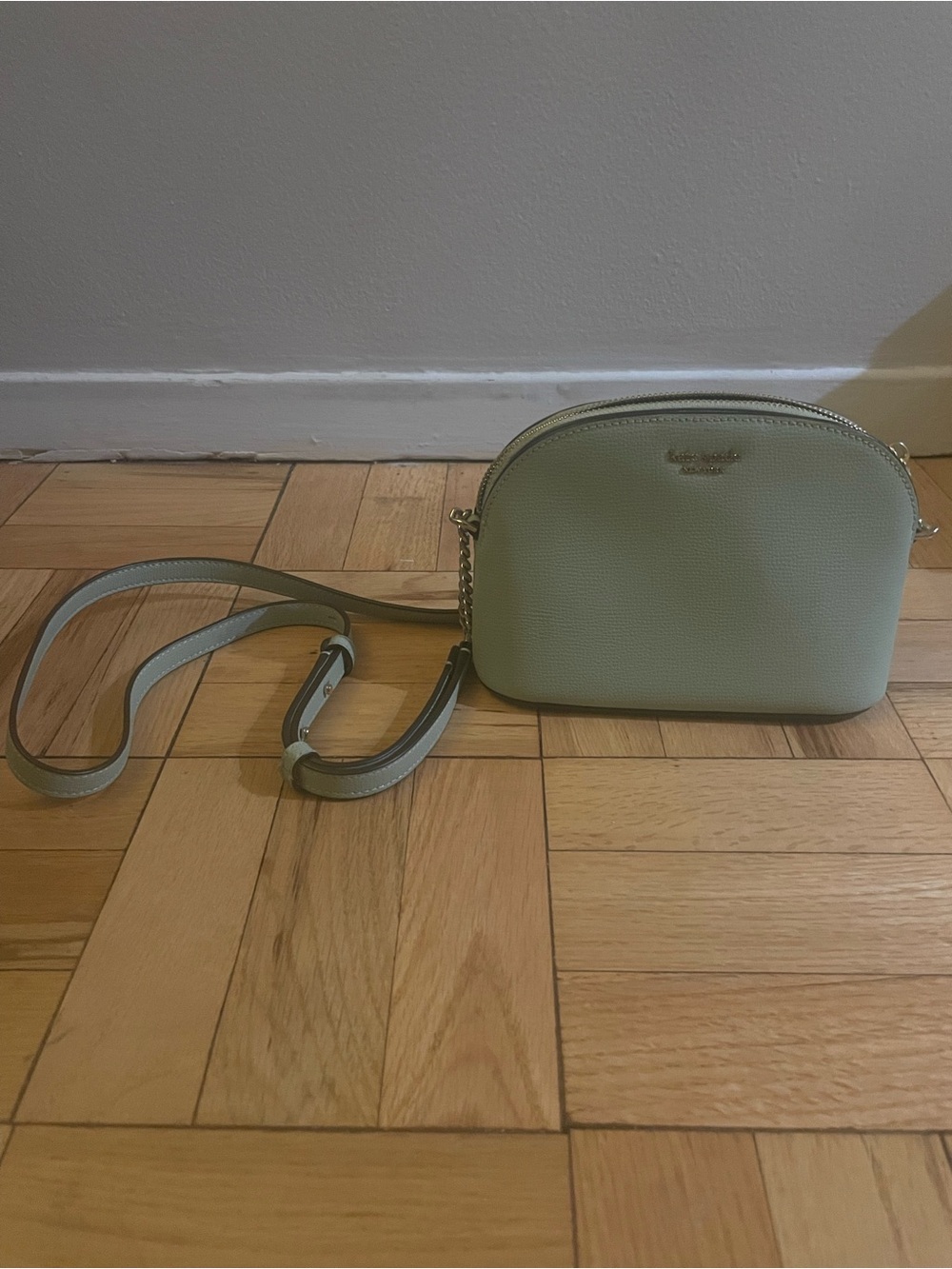 kate spade pebbled light green crossbody with gold hardware